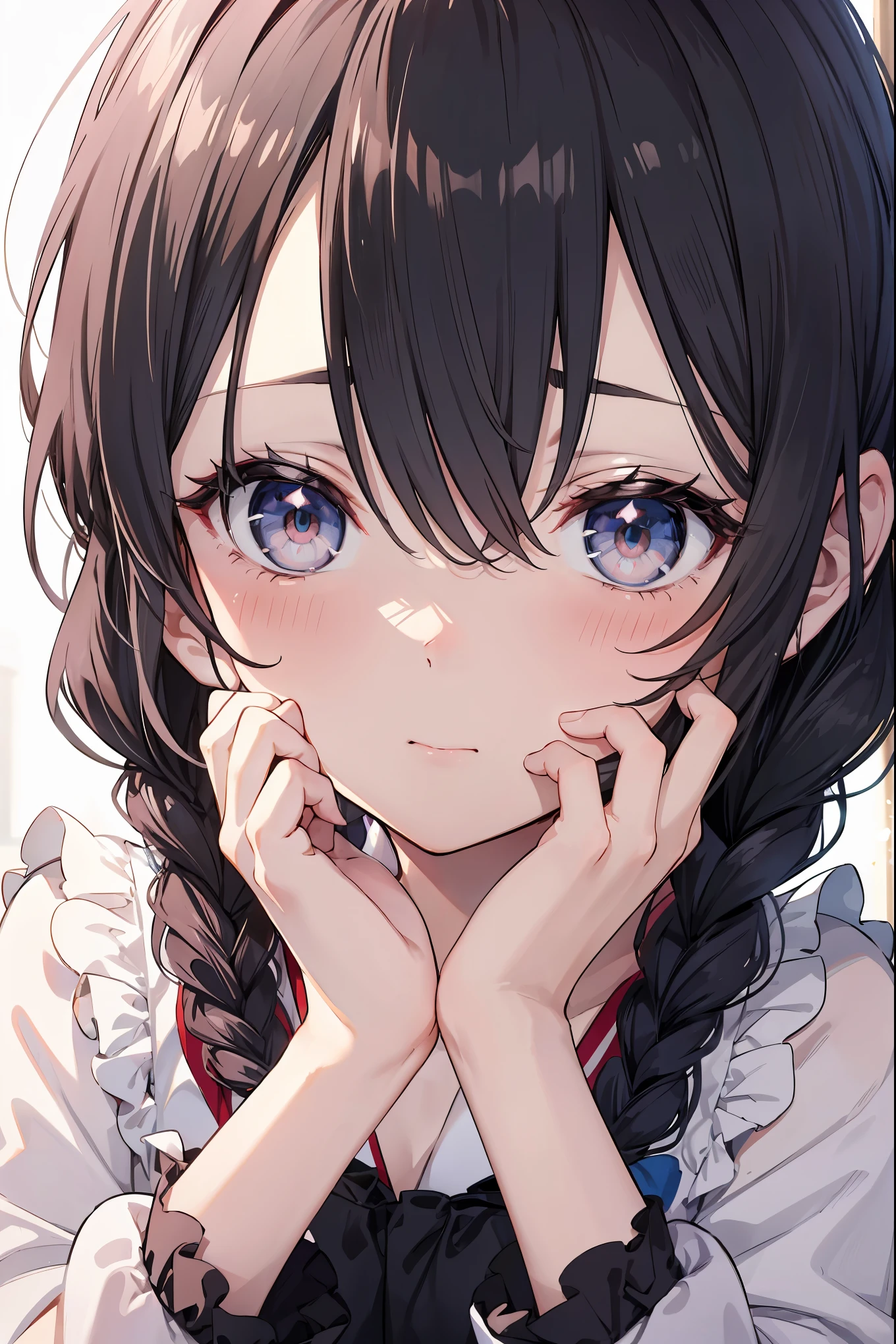 Top Quality, Masterpiece, High Resolution, 8k, Pastel Colors, Anime Style Girl, Light Clothing, One Girl, (Covered One's Cheek with One's Hands): 1.4, Blush, Detailed Line Art, Bright White and Bright Amber Style, Digital Enhancement, Anime Core, Flowing Fabric, Close Up, Hair Length and Short Braids to Shoulder Opening, Beautiful Black Hair, Bust-up