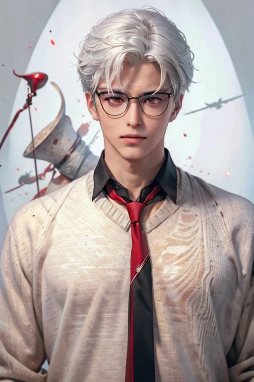(Best quality, masterpiece: 1.1), (loyalty: 1.4), 1 guy, Upper body, White hair, Red eyes, grey sweater, thin frame glasses, tie