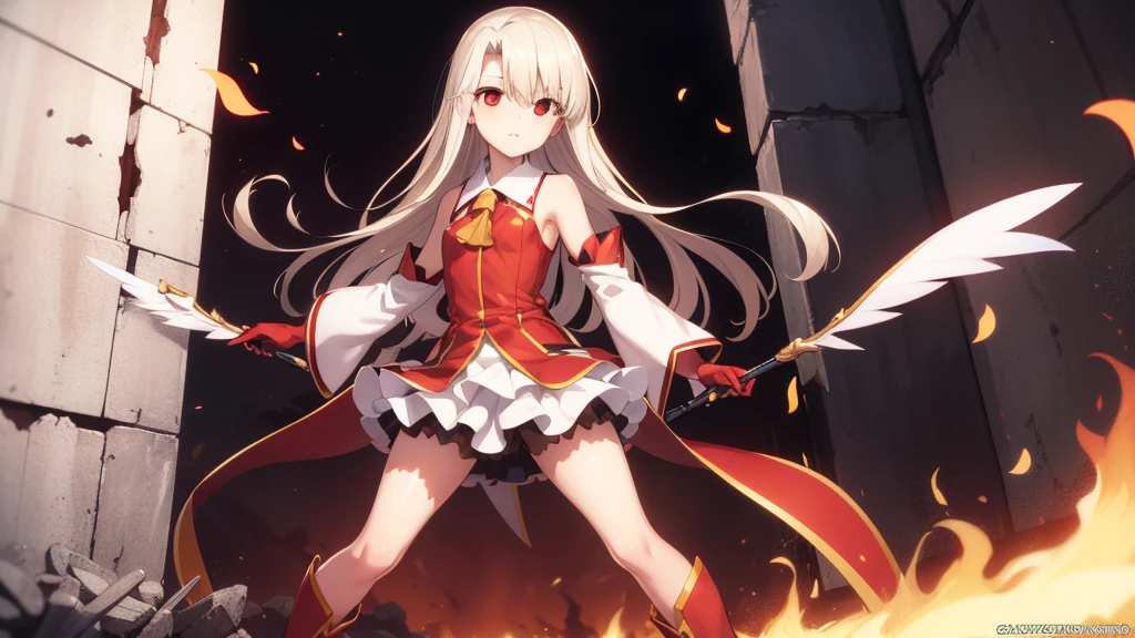 Illyasviel von Einzbern, blonde hair, hair between eyes, long hair, (red eyes:1.5),A cool girl boots, Detached sleeves, , White gloves, white skirt, absolute chance,，Fire falls into nothingness，God of nothingness，Savage God，Psychic Final Void God，Berserker