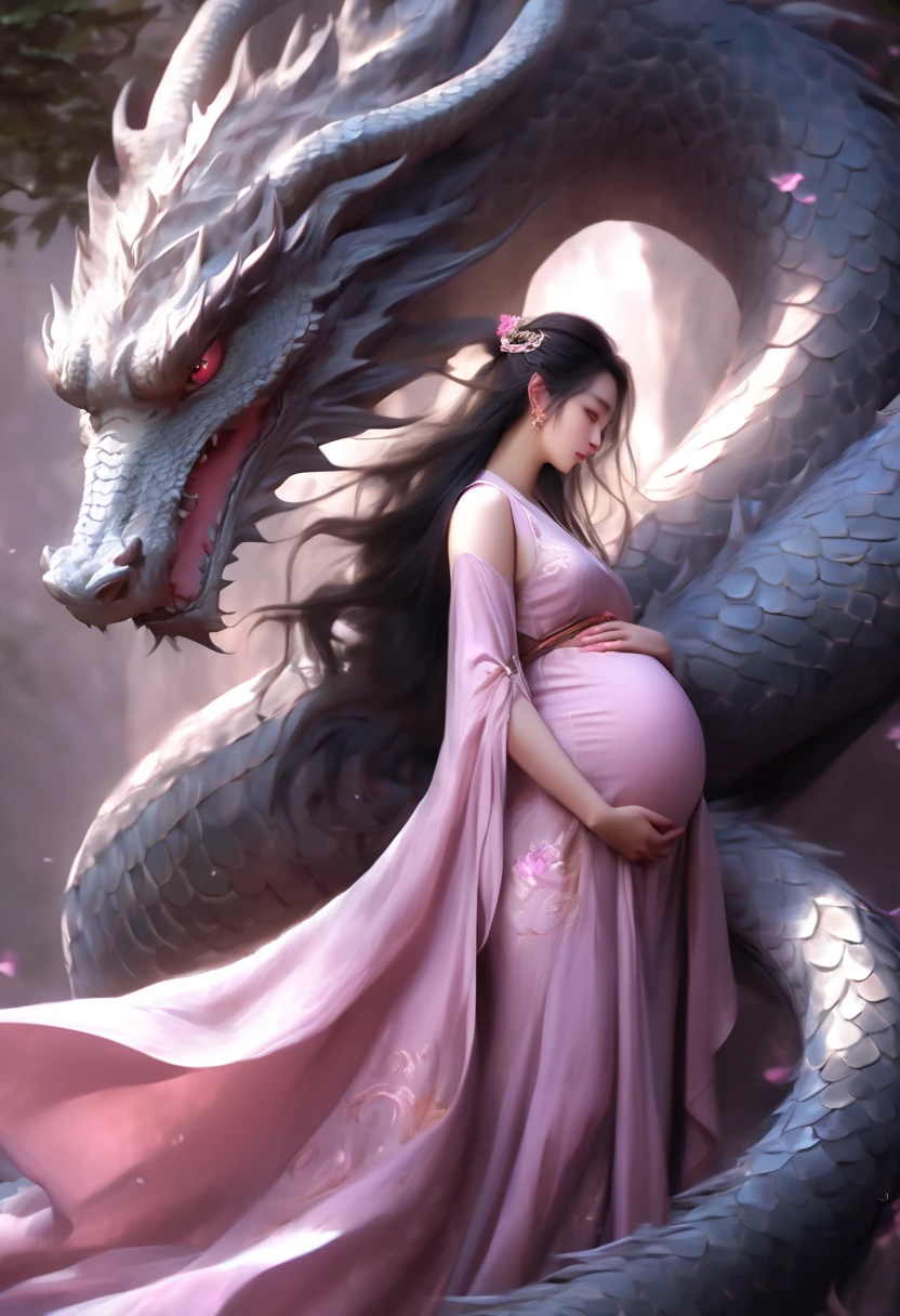 a pregnant woman woman in a pink dress with a dragon on her back, xianxia fantasy, chinese fantasy, beautiful fantasy art, dragon girl, very beautiful fantasy art, amazing fantasy art, beautiful fantasy, fantasy beautiful, digital fantasy art ), human and dragon fusion, breathtaking fantasy art, fantasy art, fantasy art style, soft delicate draconic features