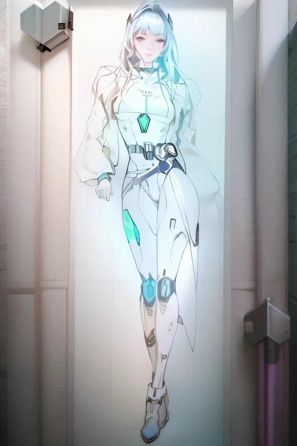 (ultra-detailed, highres, photo-realistic:1.37),portrait,girl,long silver hair, futuristic vibes, bubble sleeve top, vibrant colors, mechanical knee joints, masterpiece