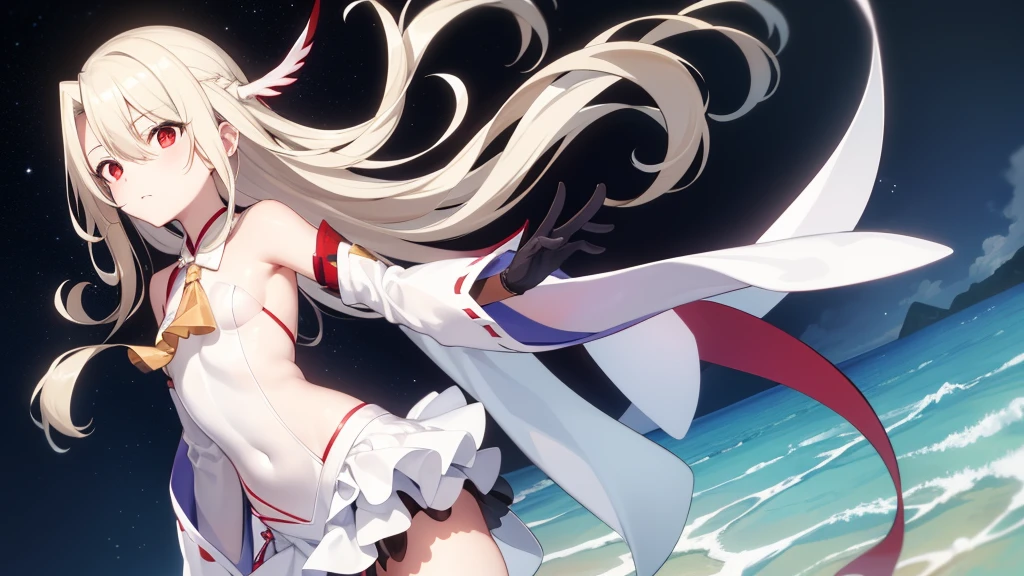 Illyasviel von Einzbern, blonde hair, hair between eyes, long hair, (red eyes:1.5),A cool girl boots, Detached sleeves, , White gloves, white skirt, absolute chance,，Devouring God，Vast Sea Star Miao，blue robe，Psychic Galaxy Goddess，Yuanxi Mingyong