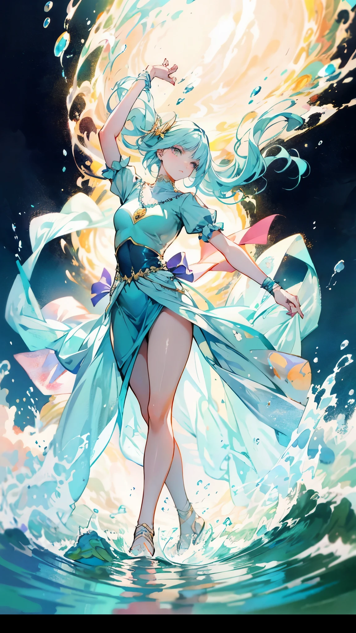 A beautiful woman with cascading waves of aqua-blue long hair, exquisite facial features, a melancholic expression, delicate and bright eyes, skin as smooth and radiant, her slender and graceful figure dances like water splashes in the wind, a splendid fantasy-style islander ethnic costume, a short skirt resembling ocean waves, her slender legs leap lightly above the water surface, surrounded by splashing droplets that dance in the air, this character embodies a finely crafted fantasy-style female dancer in anime style, exquisite and mature manga art style, high definition, best quality, highres, ultra-detailed, ultra-fine painting, extremely delicate, professional, anatomically correct, symmetrical face, extremely detailed eyes and face, high quality eyes, creativity, RAW photo, UHD, 8k, Natural light, cinematic lighting, masterpiece-anatomy-perfect, masterpiece:1.5