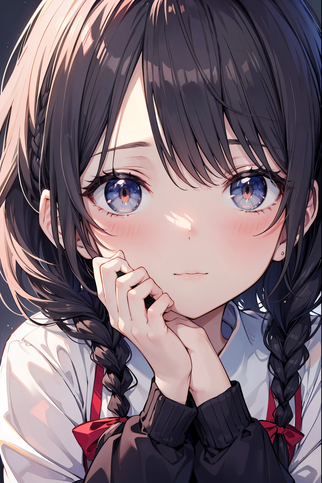 Top Quality, Masterpiece, High Resolution, 8k, Pastel Colors, Anime Style Girl, Light Clothing, One Girl, (Covered One's Cheek with One's Hands): 1.4, Blush, Detailed Line Art, Bright White and Bright Amber Style, Digital Enhancement, Anime Core, Flowing Fabric, Close Up, Hair Length and Short Braids to Shoulder Opening, Beautiful Black Hair, Bust-up