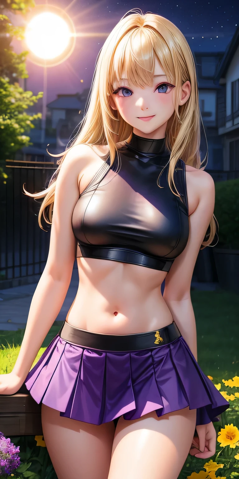 1 girl, blonde hair, black eye, shining eyes, purple crop top, Purple miniskirt, smile、realistic, blush, night, flowers, sun, sunlight, masterpiece, 最high quality, high quality, High resolution、Squat and open your legs、