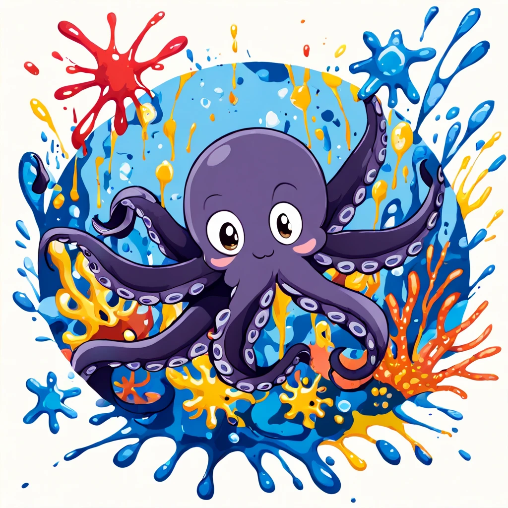 Illustrated style and whimsical atmosphere,an underwater world,((A cute octopus is:1.5))。((Intense splatter effect of oil paints and colored inks:1.6)),(More splatter effects on the canvas and the octopus itself)。The octopus should look happy doing its art,Surrounded by a vibrant aquatic environment filled with coral and marine life。(vector illustration:1.2)