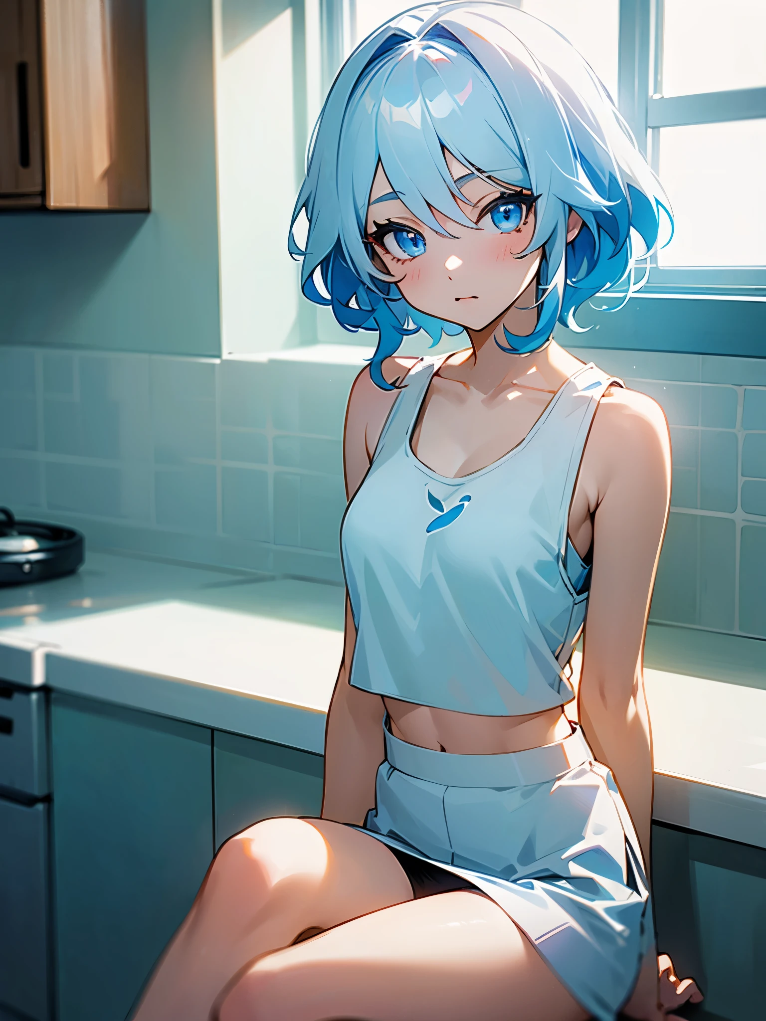 1girl, furina from genshin impact, short pale blue-white hair, wavy hair, blue eyes, different-blue eyes, wearing plain white cropped tank top, cropped tank top, white cropped tank top , cropped tank top, white overall, white mini skirt , indoor background, sunlight comes from window, kitchen background, kitchen, many furintures, cheerish ambience, sitting, looking at the camera, masterpiece, 8k, highres, ultrahd