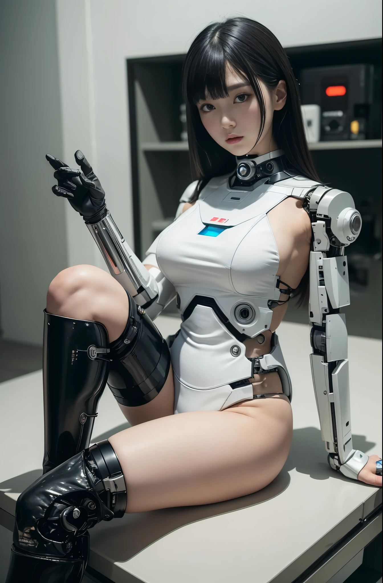 masterpiece, best quality, extremely detailed, (8K, 4K, Best Quality, hight resolution, 超A high resolution:1.1), (masutepiece, Realistic, Photorealsitic:1.1)Japanese android woman,Plump , announcer,control panels,activate,android,droid,Mechanical Hand,Robot arms and legs, Black Robot Parts,black hair,darkblack knee high socks,black sponge joints,blunt bangs,white robot body,ceramic body,jockey boots,perfect cyborg girl,,