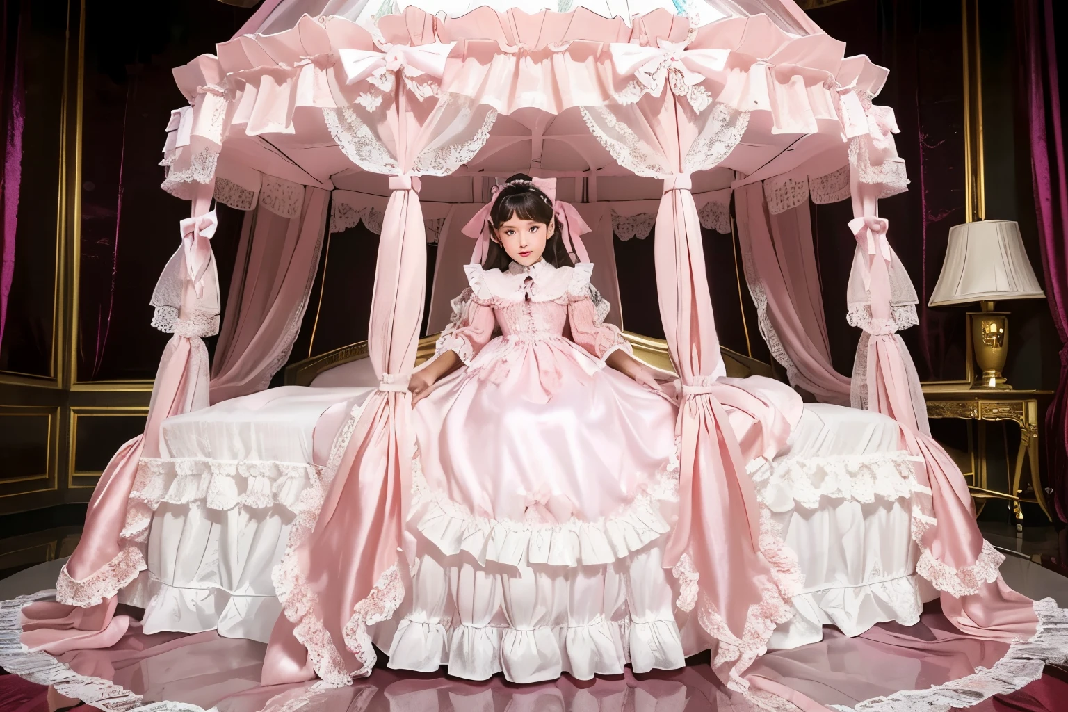 Photography,highest quality, masterpiece, highest resolution, artwork, super それにget used to it, many get used to it, get used to it, それにget used to it,(), Girl, ,the girl is a princess,((girly dark pink satin fabric)), ((A Victorian ballgown dress with plenty of pink ruffles and bows and a voluminous full-length hoop skirt.)),long sleeve,long dress,A dress with lots of frills and ribbons..,luxury,((Palace bedroom)),((Huge square victorian canopy king size bed)),lots of frilly pillows,ruffle bed skirt,
