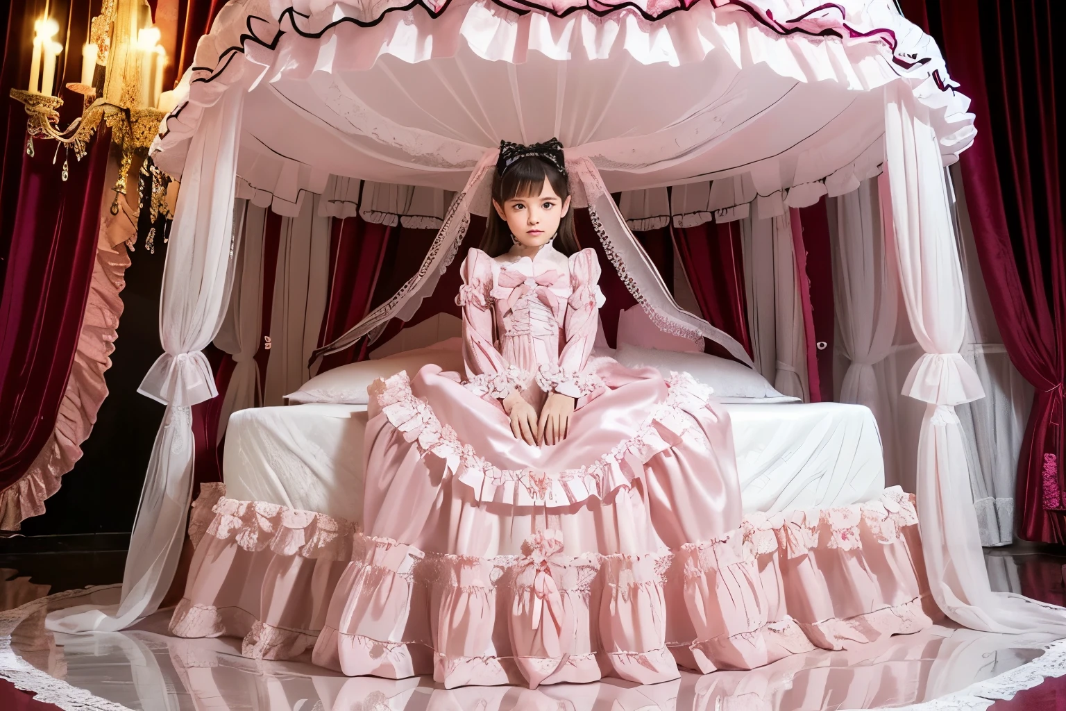 Photography,highest quality, masterpiece, highest resolution, artwork, super それにget used to it, many get used to it, get used to it, それにget used to it,(), Girl, ,the girl is a princess,((girly dark pink satin fabric)), ((A Victorian ballgown dress with plenty of pink ruffles and bows and a voluminous full-length hoop skirt.)),long sleeve,long dress,A dress with lots of frills and ribbons..,luxury,((Palace bedroom)),((Huge square victorian canopy king size bed)),lots of frilly pillows,ruffle bed skirt,