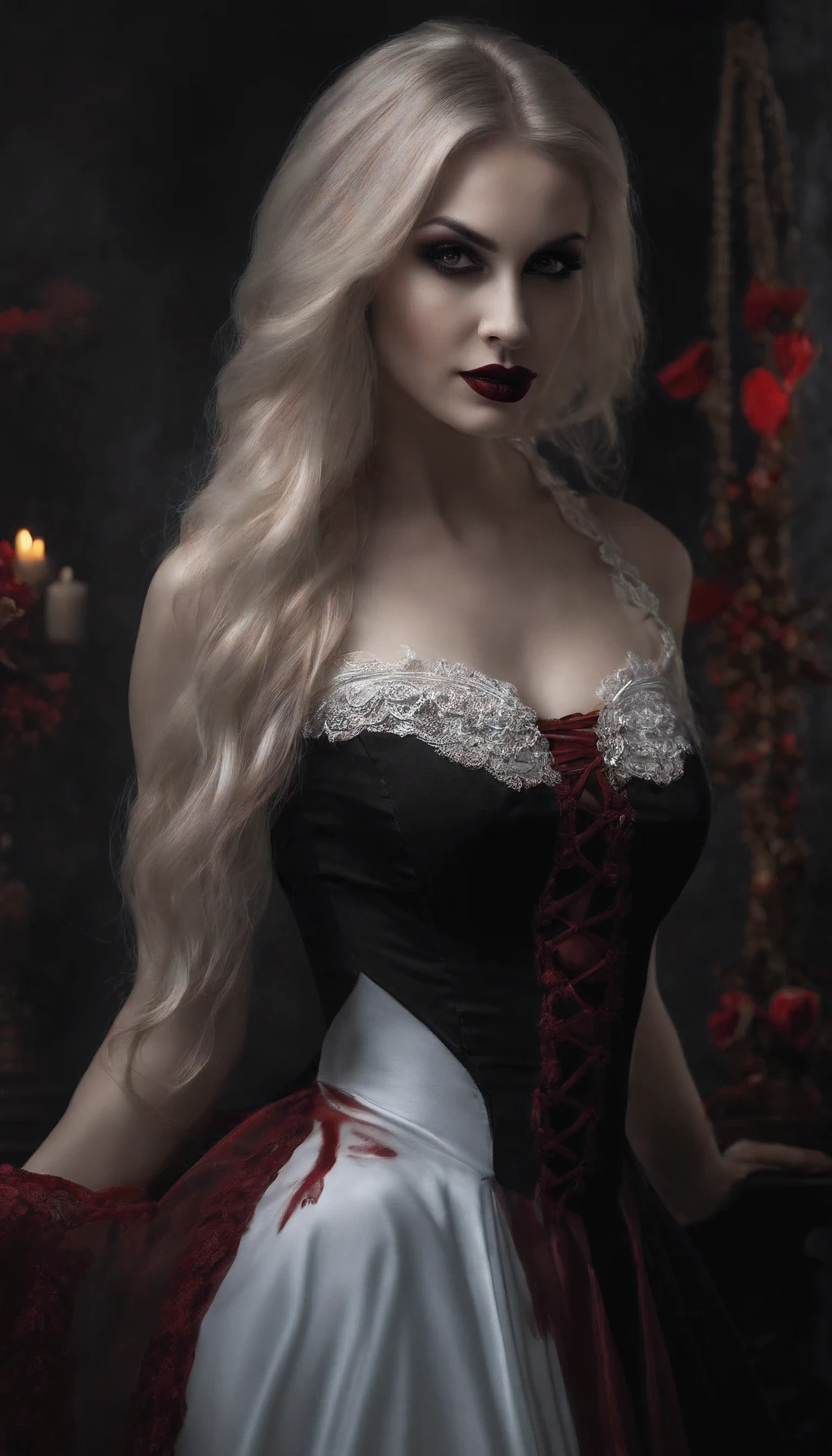 Dark portrait of a vampire girl, черный gothический костюм, blonde flowing hair, Red lipstick, Perfect pale skin, detailed dark makeup, beautiful figure, beautiful big breasts, smiling, Visible fangs, ее одежда забрызгана Bloodю, black skinny jeans, beautiful body, (sexual) Outside, She seduces, affection comes from her, Love, она питается Bloodю, High quality dark background, Super detailed landscapes, super sharp focus, detailed dark environment,  Perfect Professional Makeup, dark medium, a dark room, Blood, goth, gothическая одежда, in the style of Dracula, splattered with blood