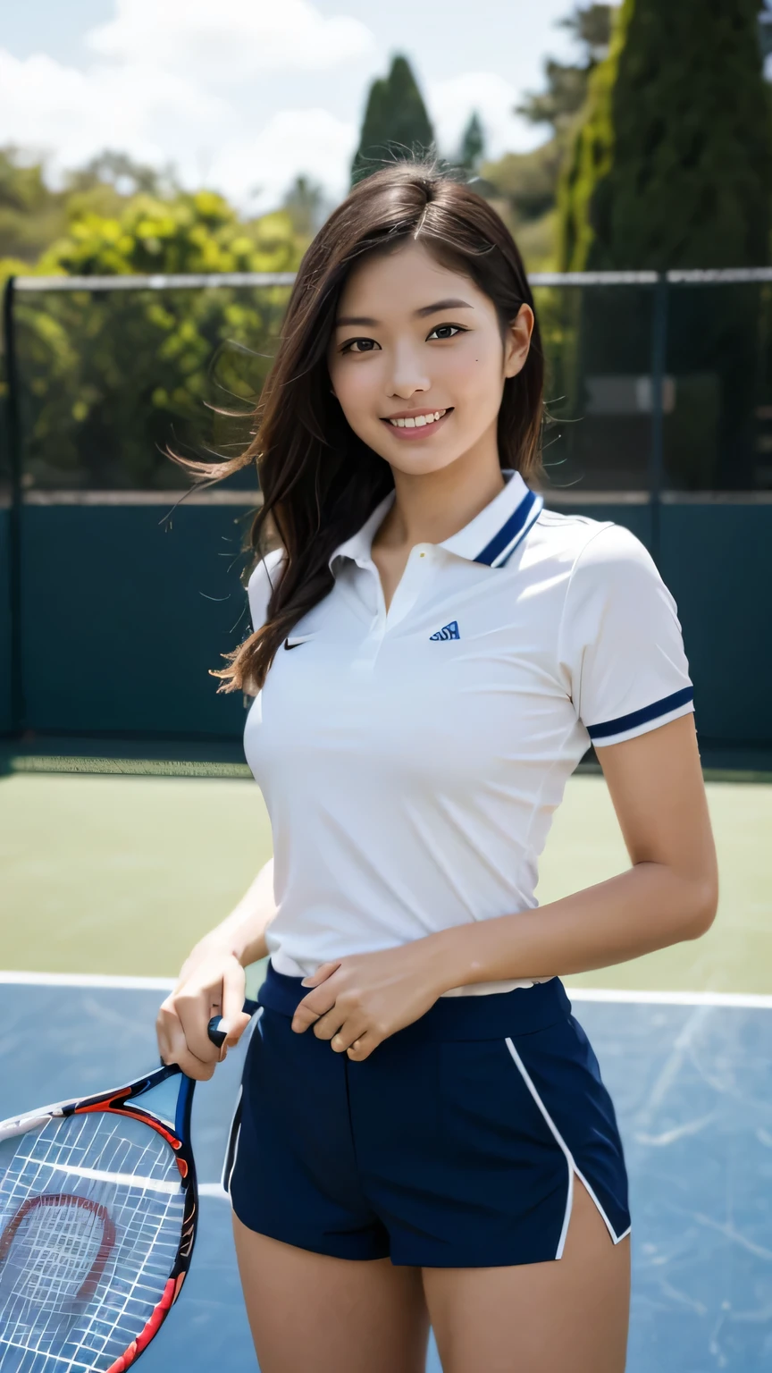 masterpiece, black hair, pure background, beautiful, elegant. Ultra-fine details, masterpieces, realistic textures, realistic cinematic lighting, perfect work, 8k, HD, delicate facial features, (Image from thighs to head), large breast, Crisp white tennis shorts with a navy blue tennis polo, Winning smile, Sunlit tennis court, Championship trophy in hand,