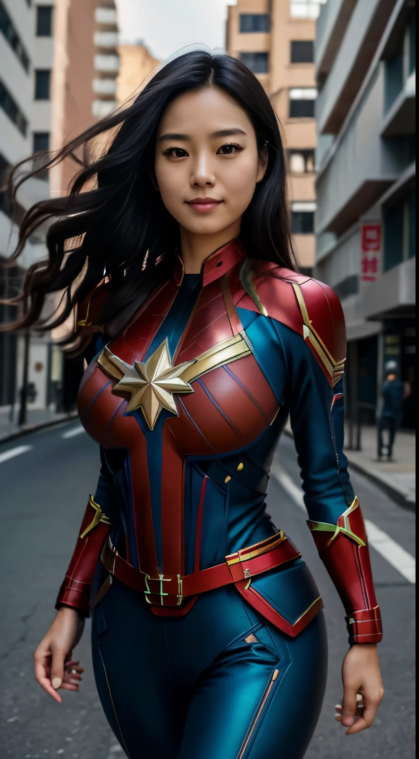 Foto hiperrealista en primer plano de Kim Ji-Soo from Korea as a Captain Marvel on the city street, beautiful woman, skinny, large big breasts, black long hair, detailed face, smile, facing the camera, photo taken from a distance, age of 25 years old