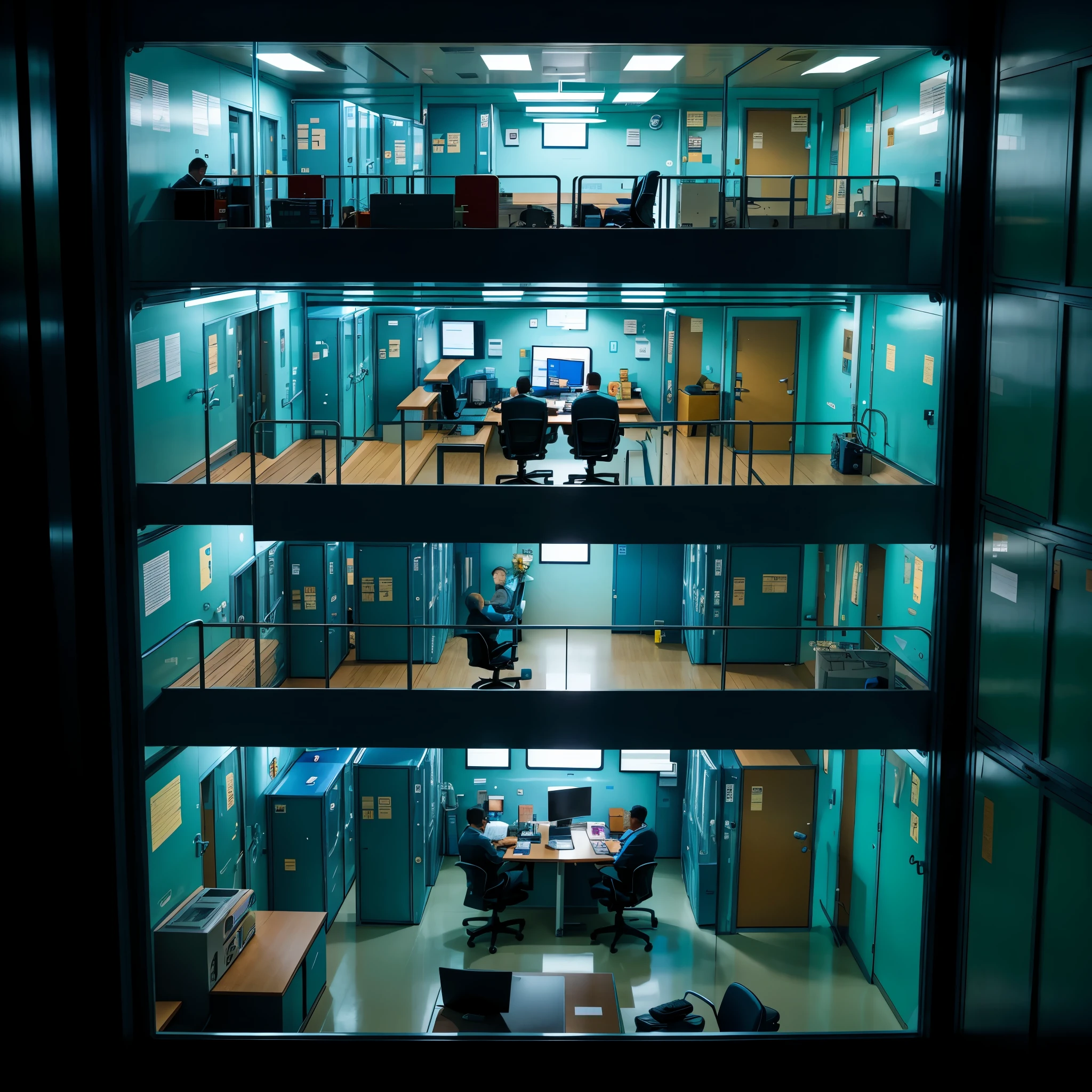 There are numerous compartments encapsulated within a grand container. ["ID" Management Room] Five employees are engrossed in their PC screens in this particular compartment. Of the five individuals, two are in their forties ["ID" Forties Team], two are in their thirties ["ID" Thirties Team], and one is in his twenties ["ID" Twenties Team"]. Among them, the two in their forties and the one in charge ["ID" Team Leader] are overseeing the team's operations. Positioned above this management room, the team leader communicates with other compartments ["ID" Connected Rooms"] to maintain harmony within the container. ["ID" Diagram