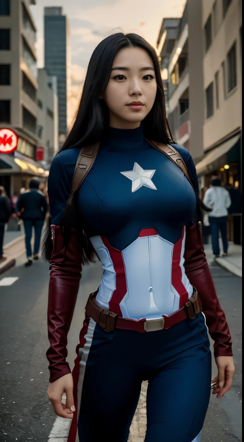 Foto hiperrealista en primer plano de Kim Ji-Soo from Korea as a Captain America on the city street, masterpiece, best quality, (photorealistic:1.4), full body, cinematic light, Captain America suit, masterpiece, best quality, (photorealistic:1.4), full body, cinematic light, beautiful woman, skinny, large big breasts, black long hair, detailed face, smile, facing the camera, photo taken from a distance, age of 25 years old
