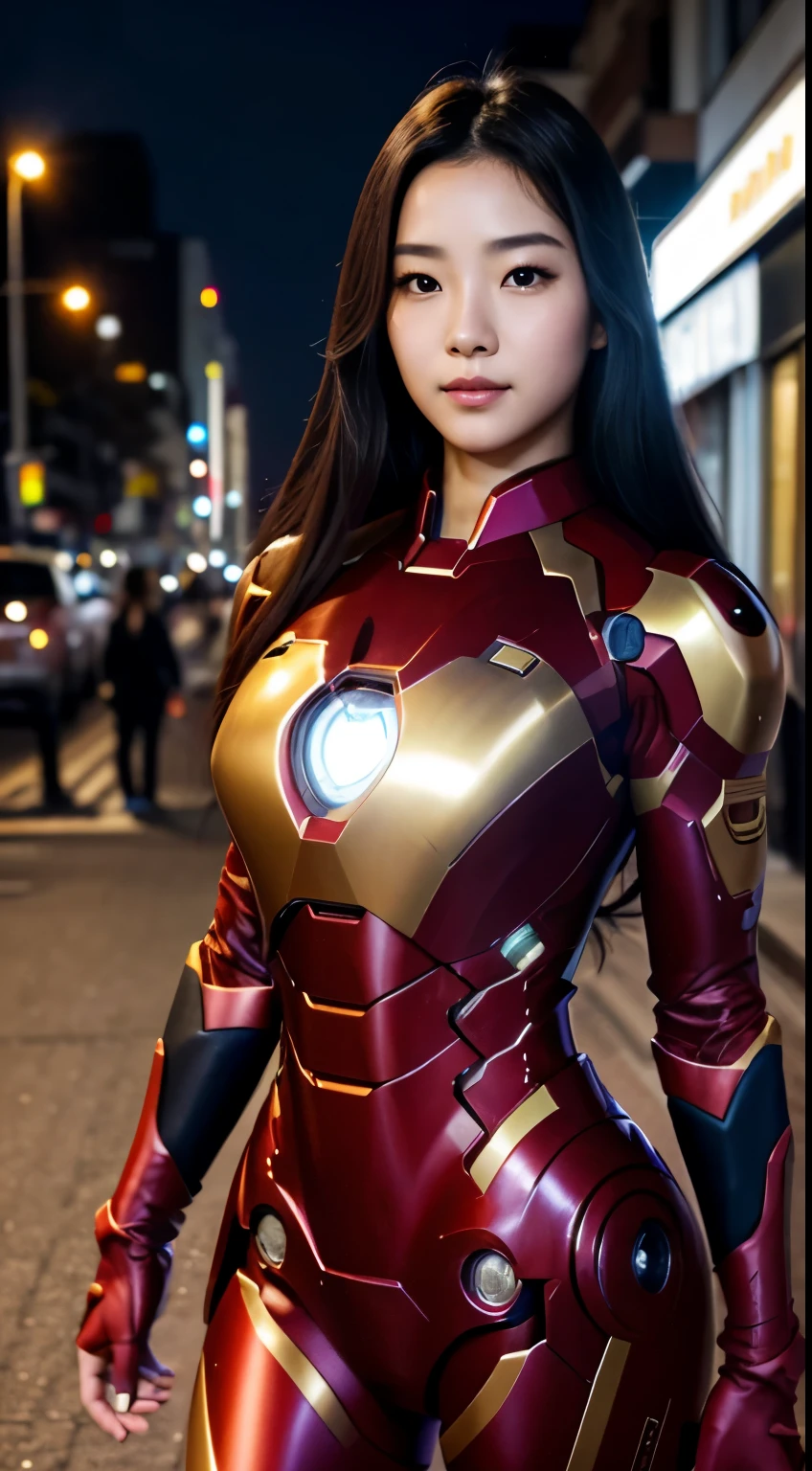 Foto hiperrealista en primer plano de Kim Ji-Soo from Korea Wearing a high-quality Iron man suit, on the city street, masterpiece, best quality, (photorealistic:1.4), full body, cinematic light, beautiful woman, skinny, large big breasts, black long hair, detailed face, smile, facing the camera, photo taken from a distance, age of 25 years old