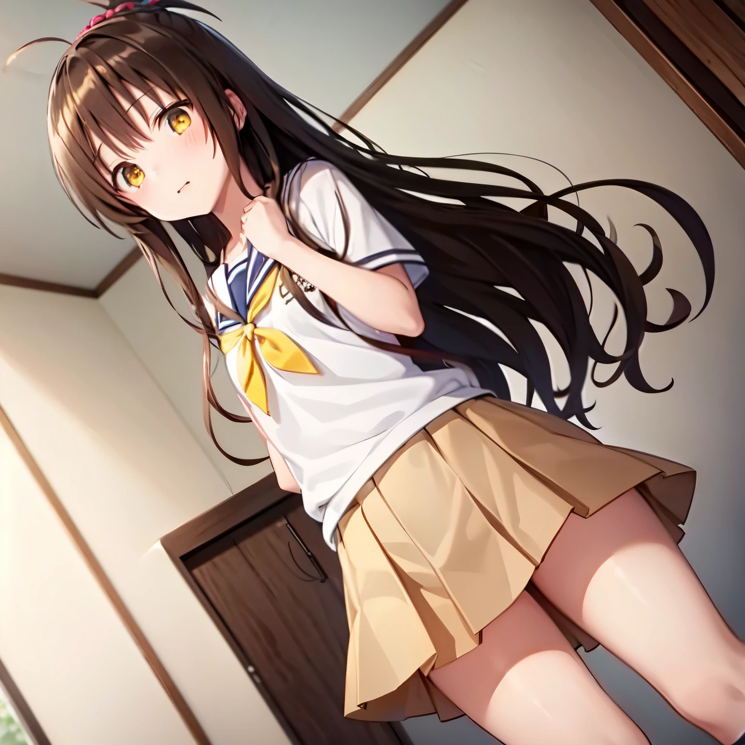 yuuki mikan, brown hair, yellow eyes, hair ornaments, long hair, topknot, wavy hair, small breasts school uniform, plead skirt