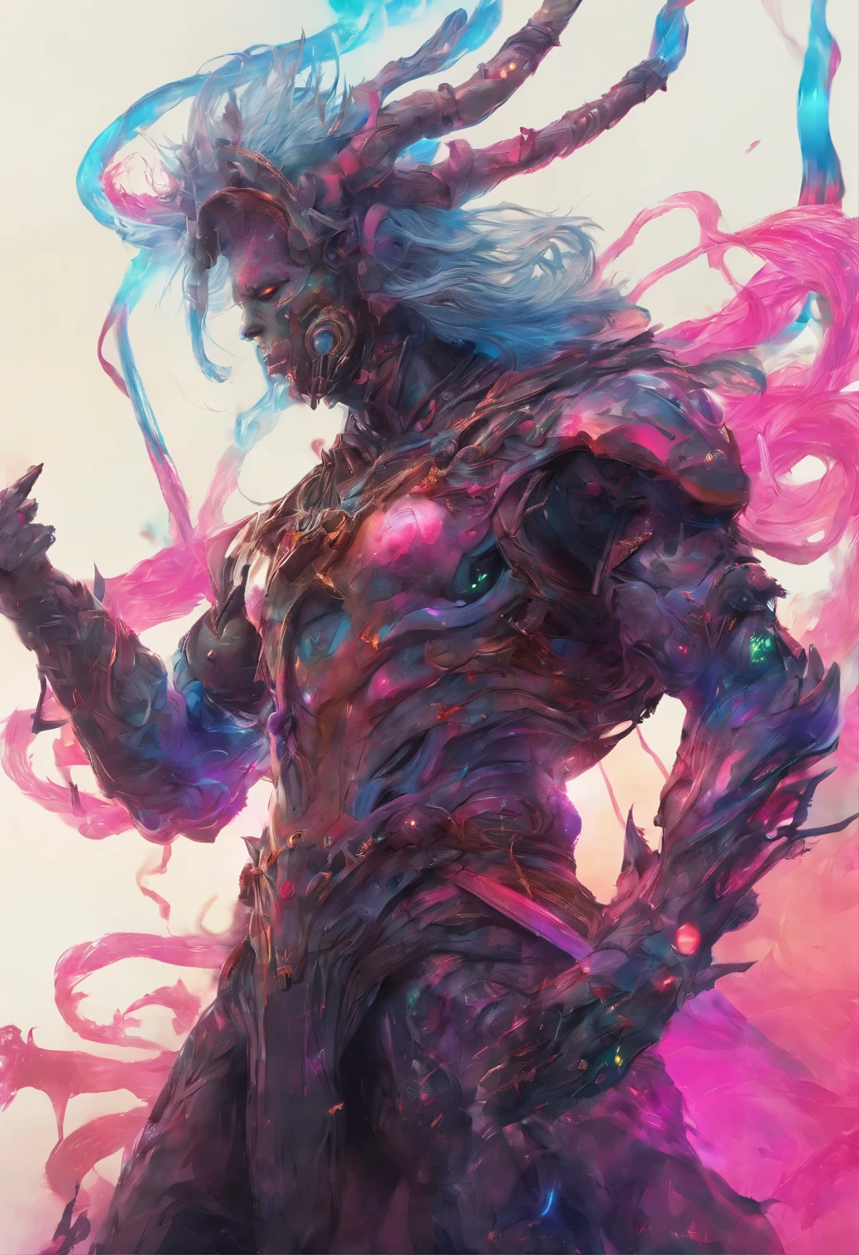 (highest quality,High resolution,super detailed,realistic:1.2), Unknown gender with a robotic arm wearing a sleeveless hoodie,Demon God、Demon King、colorful、end of the world pink eyes, gray hair, crackling energy, light beard, Futuristic concept, Bright colors, Glowing neon lights, impressive physique, strong posture, cyberpunk style, metal texture, Industrial environment, cityscapebackground
