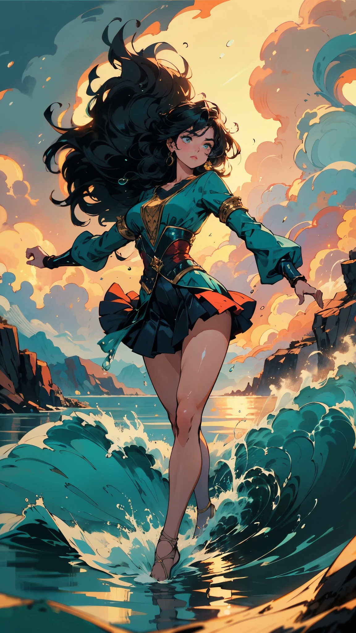 A beautiful woman with cascading waves of aqua-blue long hair, exquisite facial features, a melancholic expression, delicate and bright eyes, skin as smooth and radiant, her slender and graceful figure dances like water splashes in the wind, a splendid fantasy-style islander ethnic costume, a short skirt resembling ocean waves, her slender legs leap lightly above the water surface, surrounded by splashing droplets that dance in the air, this character embodies a finely crafted fantasy-style female dancer in anime style, exquisite and mature manga art style, high definition, best quality, highres, ultra-detailed, ultra-fine painting, extremely delicate, professional, anatomically correct, symmetrical face, extremely detailed eyes and face, high quality eyes, creativity, RAW photo, UHD, 8k, Natural light, cinematic lighting, masterpiece-anatomy-perfect, masterpiece:1.5