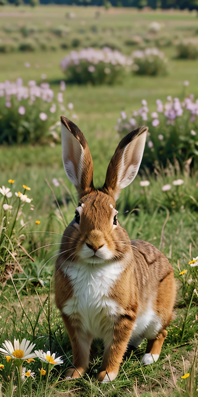 A brown rabbit, grassy field, flowers.