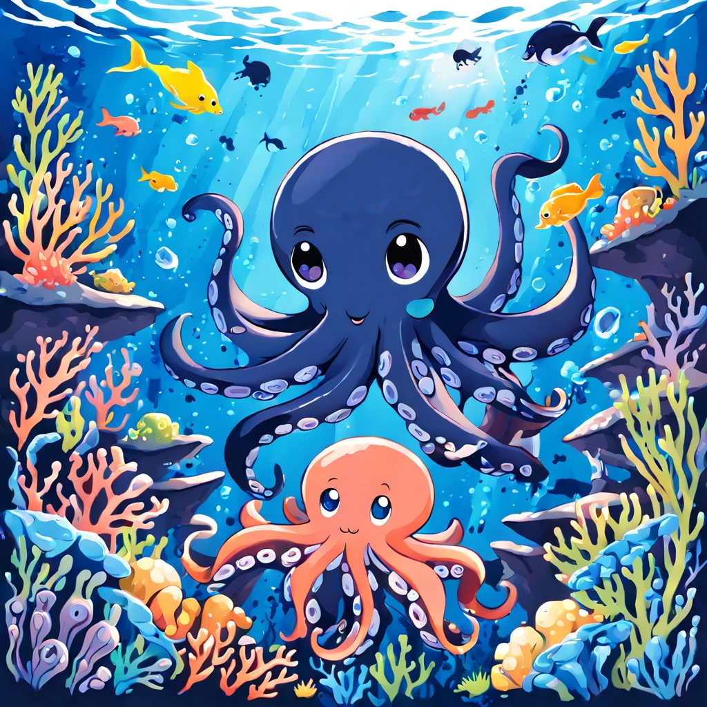 Illustrated style and whimsical atmosphere，an underwater world，((depicting an underwater world with a cute octopus engaging in painting:1.5))。((Intense splatter effect of oil paints and colored inks:1.6))，(More splatter effects on the canvas and the octopus itself)。The octopus should look happy doing its art，Surrounded by a vibrant aquatic environment filled with coral and marine life。(vector illustration:1.2)