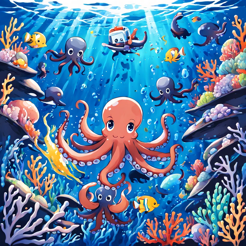 Illustrated style and whimsical atmosphere，an underwater world，((depicting an underwater world with a cute octopus engaging in painting:1.5))。((Intense splatter effect of oil paints and colored inks:1.6))，(More splatter effects on the canvas and the octopus itself)。The octopus should look happy doing its art，Surrounded by a vibrant aquatic environment filled with coral and marine life。(vector illustration:1.2)