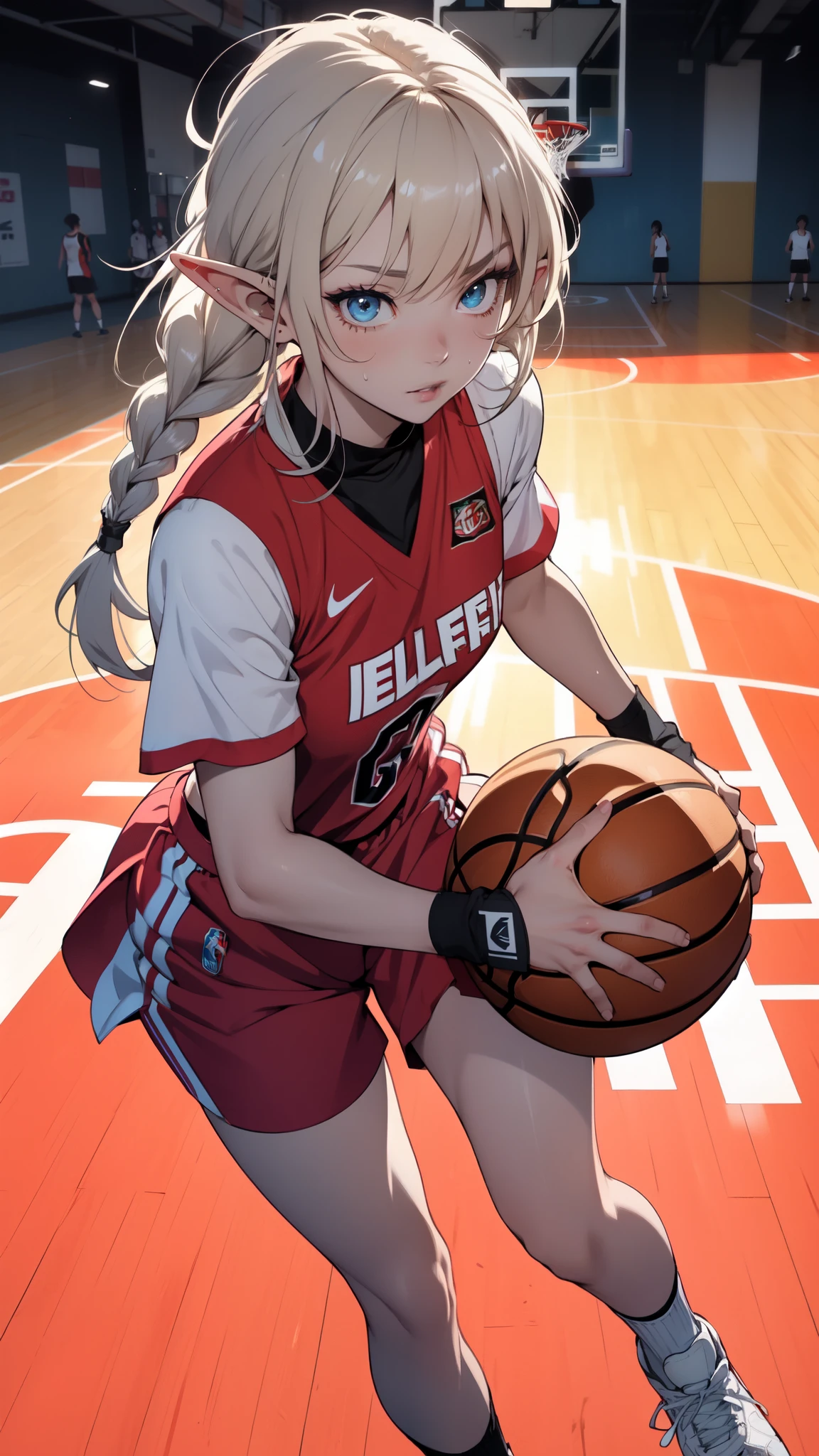 ((masterpiece)), (top quality), (best quality), ((ultra-detailed, 8k quality)), Aesthetics, Cinematic lighting, soft semi-backlit light, (detailed line art), absurdres, (best composition), (high-resolution),
BREAK,
portrait of beautiful basketball player (elf girl), full body,  playing basketball, (((jumping)), lay up shooting, Dynamic pose), (from above, atmospheric perspective), blurry foreground, outdoor, ring basketball, (basketball court:1.3), basketball uniforms, (black armband), (white knee protector), sneakers, sweating,
BREAK,
highly detailed of (elf), (1girl), solo, perfect face, details eye, ahoge, twin braids, white shining hair, hime cut bangs, blue eyes, shining eyes, (beautiful detailed eyelashes, eyeshadow, pink eyeshadow), smirking, design art by Mikimoto Haruhiko, by Kawacy, By Yoshitaka Amano,
BREAK, 
((perfect ???????)), perfect body, Abs, (medium breast), perfect hands, perfect face, beautiful face, beautiful eyes, perfect eyes, (perfect fingers, deatailed fingers), correct ???????, perfect legs,