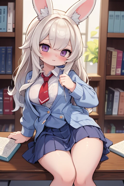 Slender girl with a long penis. high growth. futanari.  long white hair. The breasts are large and partially visible through clothing.. in school uniform. Big penis visible from under skirt. big breasts. She is sitting at the desk . shirt. stockings.