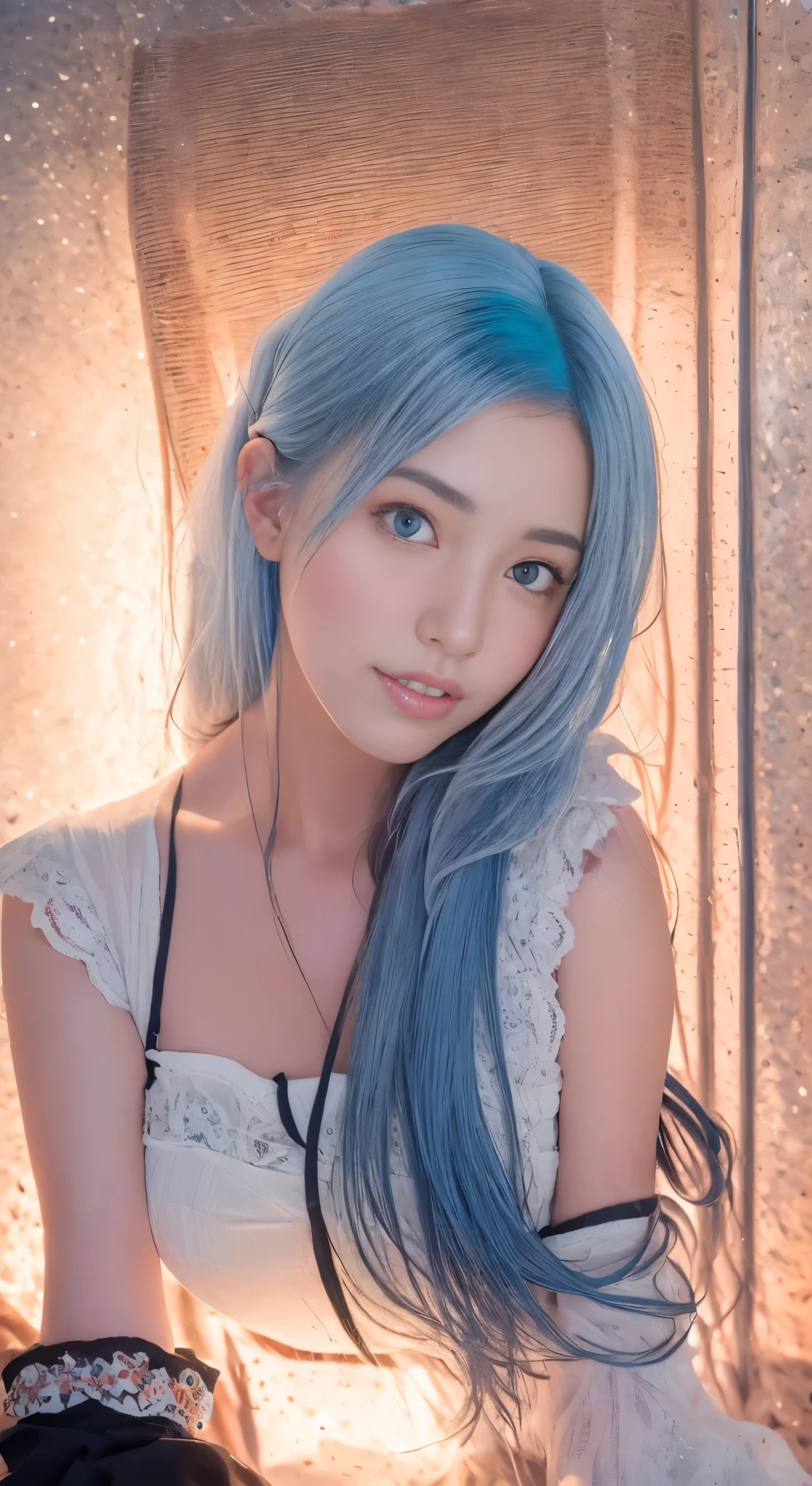 A close up of a woman with blue hair and a white top - SeaArt AI