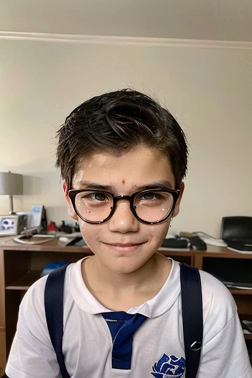 Boy with round glasses. cute boy, . tears old, Wear school clothes. Smile sweetly. Beautiful boy