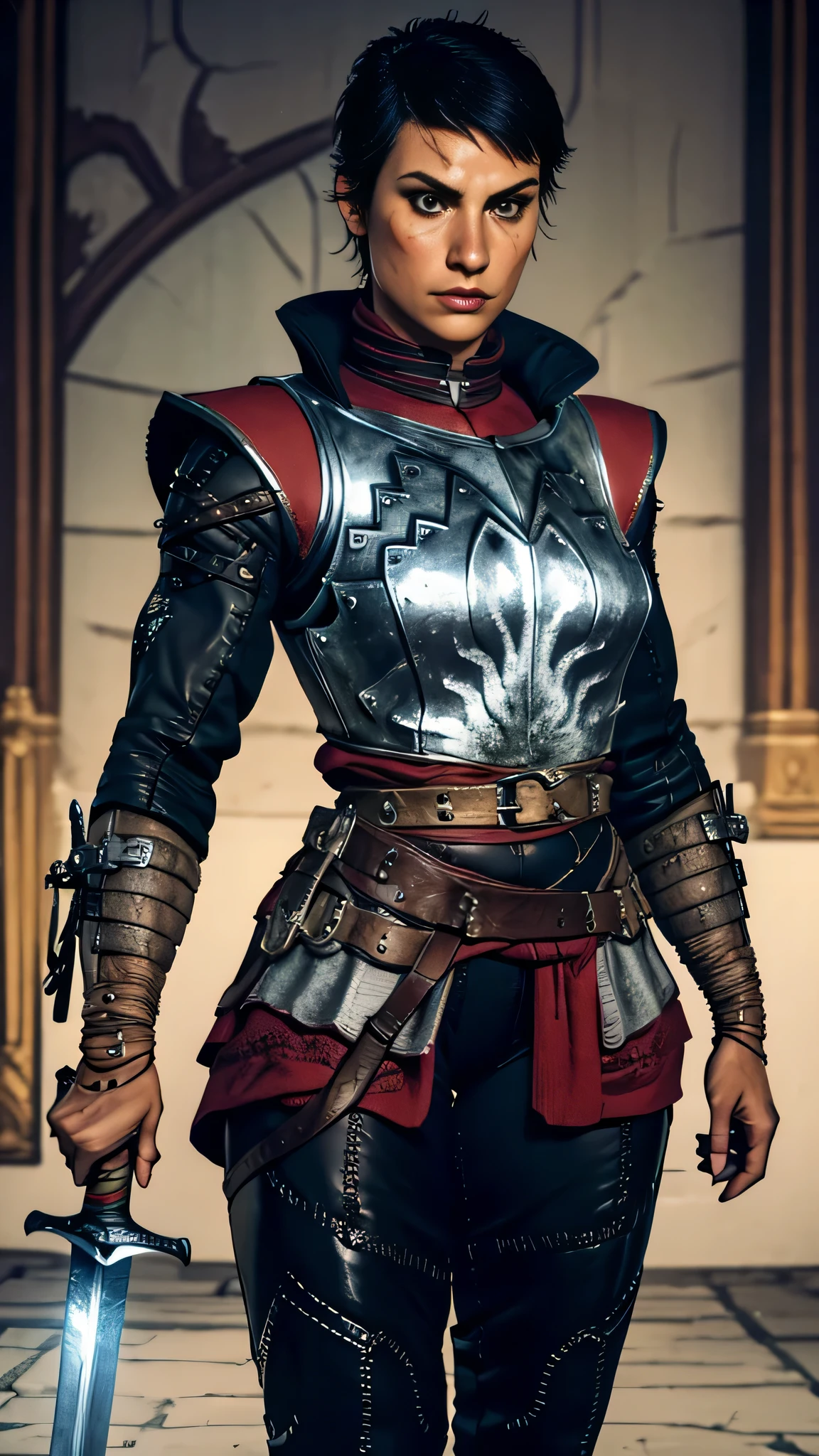 masterpiece, highest quality, RAW, analog style, a stunning photo of a CASSANDRA, (solo), (very short black hair), ((scar on left cheek,)) ((sexy black armor)), gauntlets, ((wields sword)), (highly detailed skin, skin details), full body view, sharp focus, 8k UHD, DSLR, high quality, film grain, Fujifilm XT3, frowning, intricately detailed, highly detailed, cluttered and detailed background