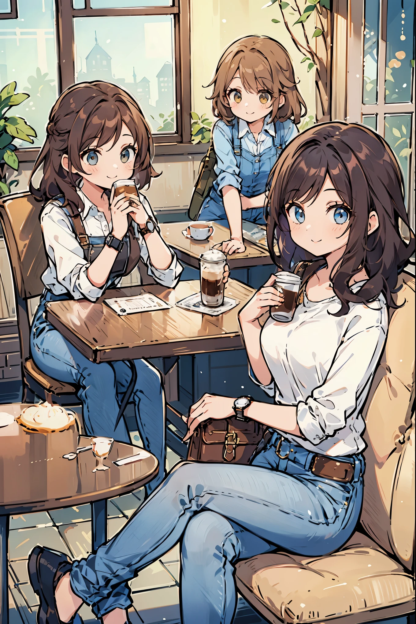 two women are sitting at a table with cups of coffee and talking, multiple girls, crossed legs, sitting, watch, handbag, table, brown hair, bag, cafe, cup, chair, pants, long hair, wristwatch, smile, 3girls, looking at another, denim, indoors, jeans, window