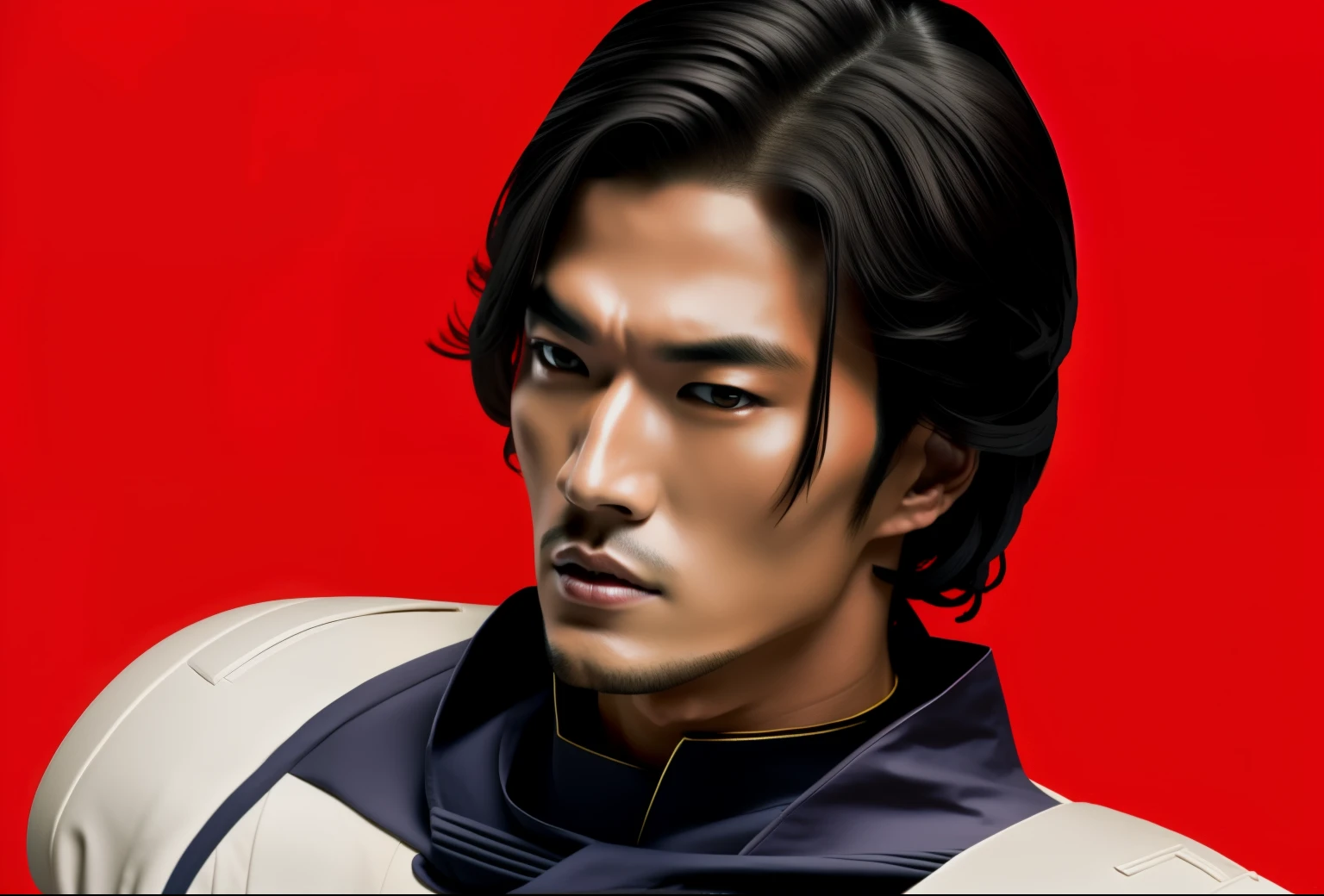 arafed image of a man with a patch on left cheekbone in a dusty notched futuristic suit with a red background, fukaya yuichiro, tsurumaki kazuya, inspired by Ueda Fumito, kentaro, kazuya takahashi, kousuke oono, inspired by Yasutomo Oka, kamen rider character, japanese live-action movie, hiro, kazuma kaneko