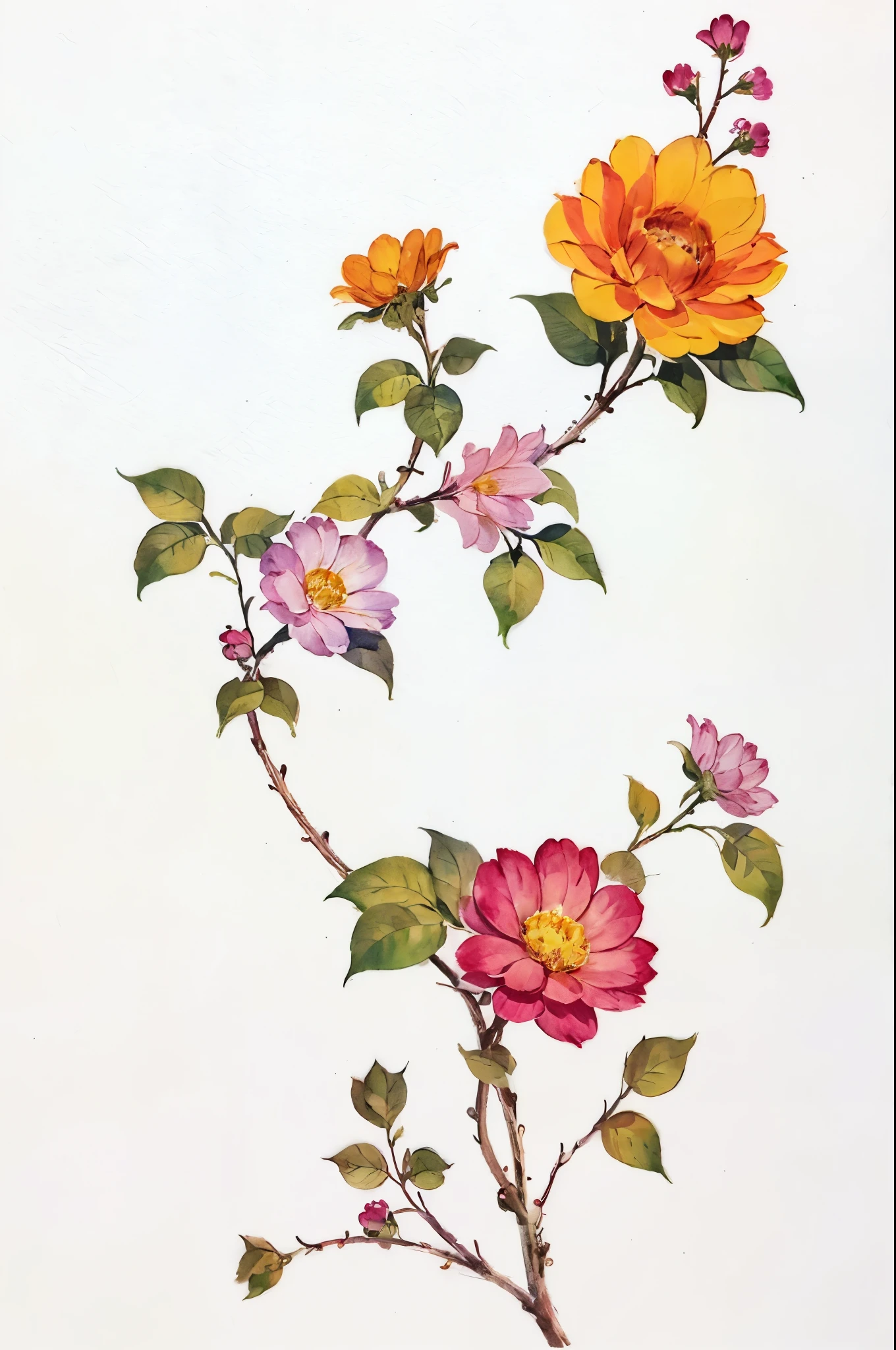 there is a drawing of a flower with a stem and flowers, rose twining, by Ayako Rokkaku, by Nagasawa Rosetsu, by Tomioka Tessai, inspired by Nagasawa Rosetsu, by Kanō Tan'yū, decorative roses, pink yellow flowers, by Li Keran, by Liao Chi-chun