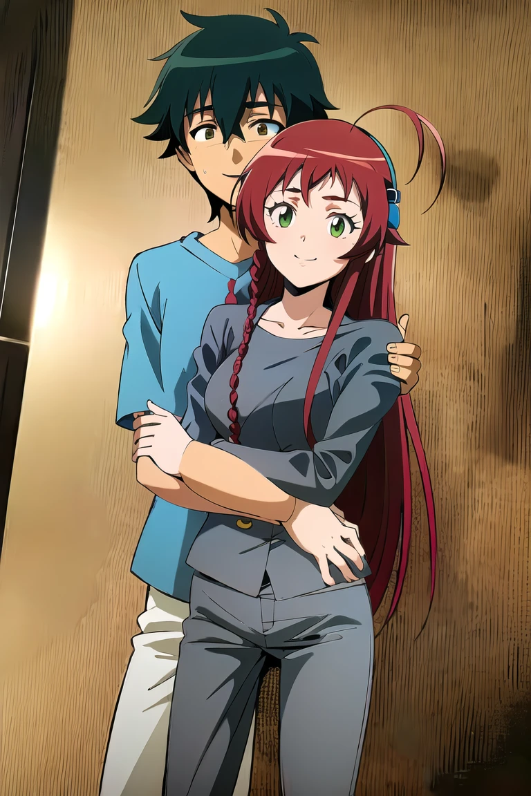 ((best quality)), ((masterpiece)), (detailed), perfect face, 1girl, 1boy, (glasses) yusa emi, maou sadao, couple, hug, looking at another, happy,    highres, absurdres,