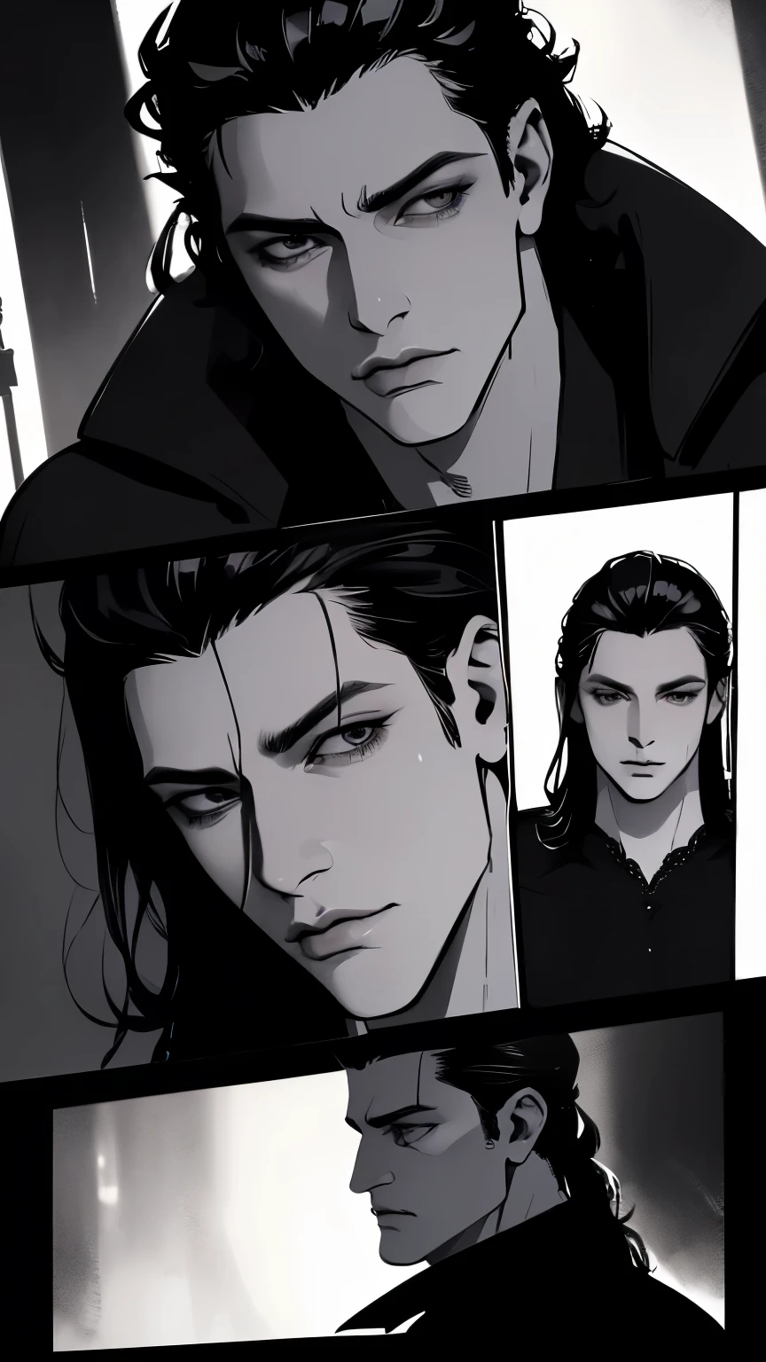 high detail, masterpiece, dramatic lighting(absurdres, highres, ultra detailed), extremely detailed CG unity 8k. mature face, adult man, man, mature man, muscular, tall, long dark black hair, sharp jawline, sharp eyes, muscular build, long earrings, mature man, piercings, formal black clothing, adult