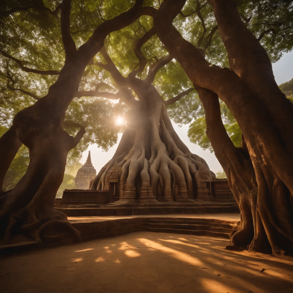 a masterpiece of landscape view, in middle of image have largest the Mahabodhi Tree (tree of awakening), The tree has beautiful, perfect heart-shaped leaves. natural daylight, surround natural claim and peaceful, Infront of the tree have smooth grass surface. on the bank of the Neranjara River, Bodh Gaya india, highly detailed, highres, kodak film. professional shot, perfect composition