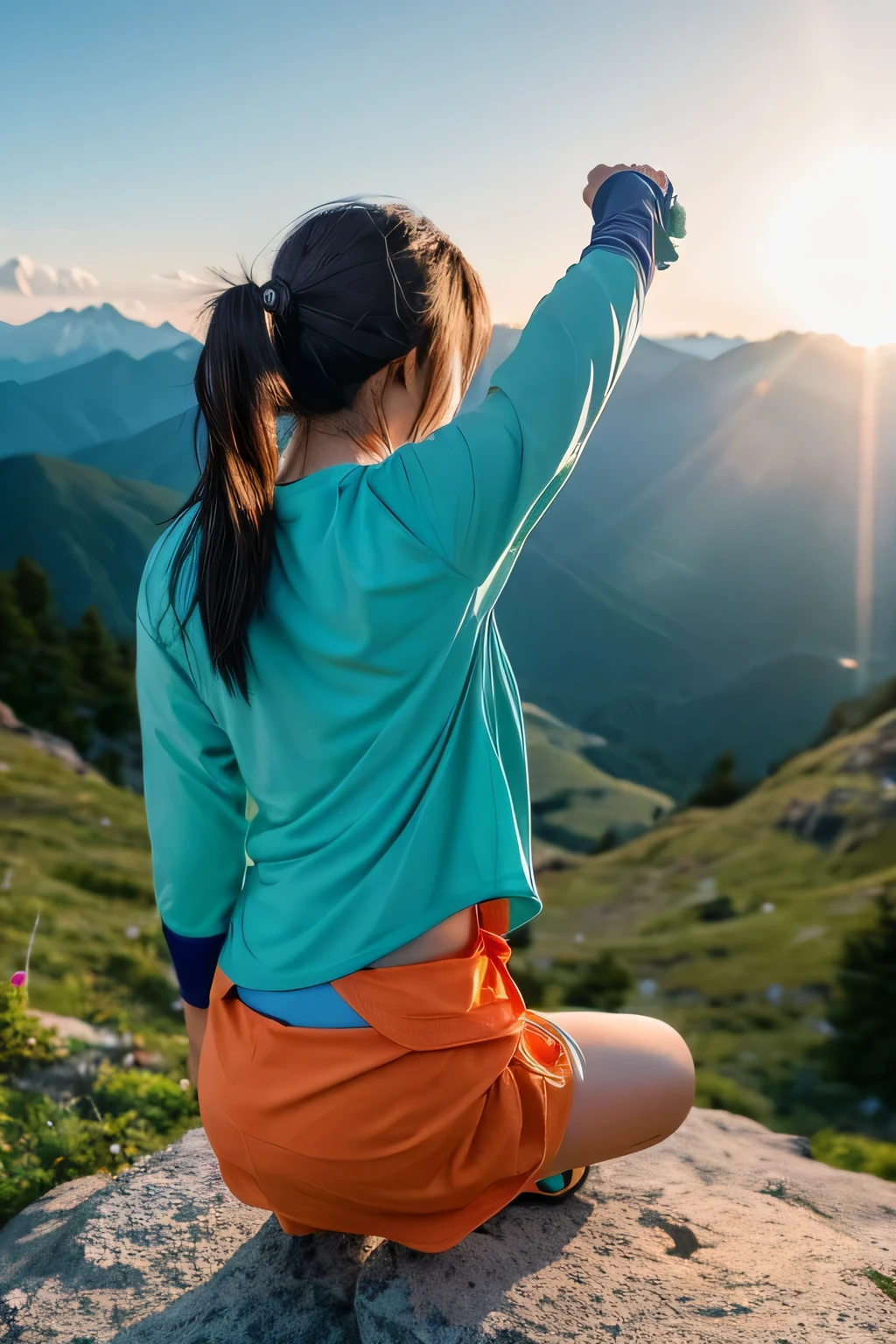 Japanese woman thrusting her fist toward the morning sun from the top of a mountain in summer, Full back view,　hiking clothes