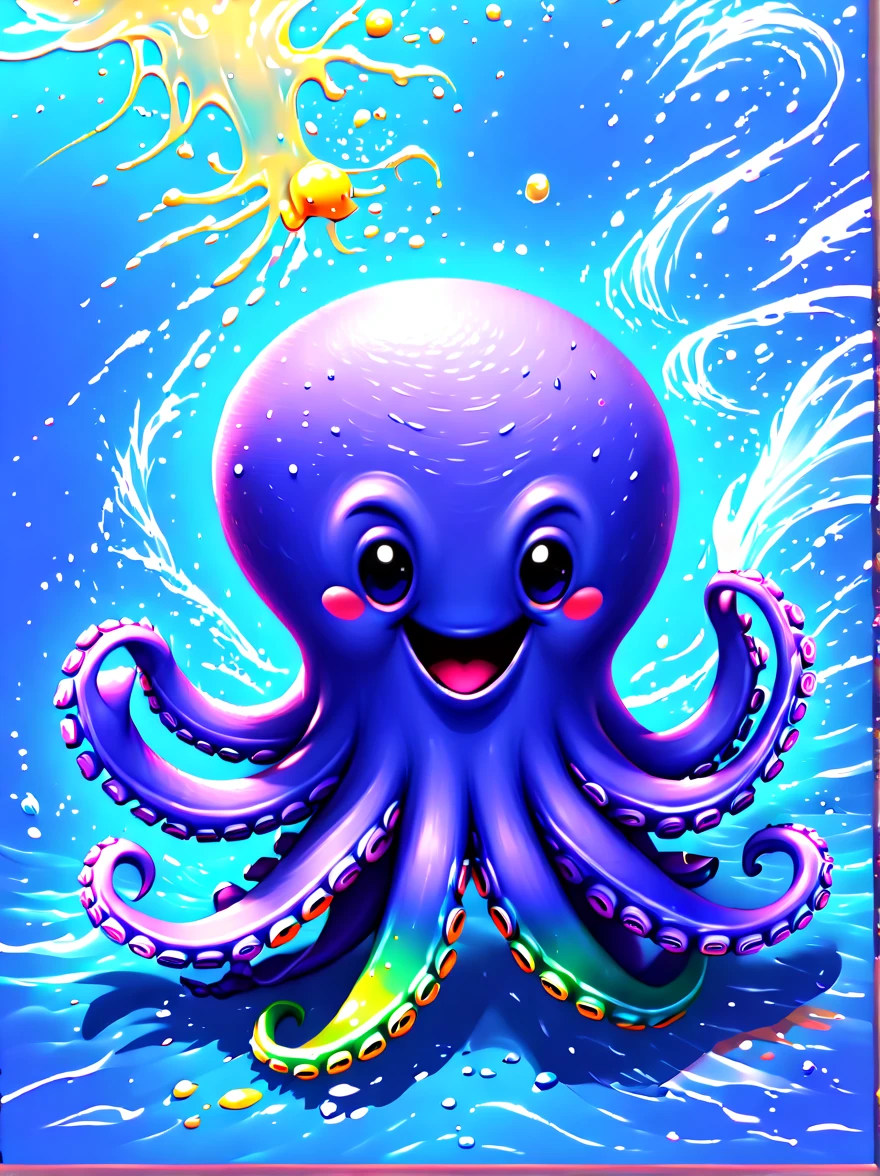 Illustrated style and whimsical atmosphere，an underwater world，((A cute octopus draws on the drawing board:1.5))。((Intense splatter effect of oil paints and colored inks:1.6))，(More splatter effects on the canvas and the octopus itself)。The octopus should look happy doing its art，Surrounded by a vibrant aquatic environment filled with coral and marine life。(vector illustration:1.2)