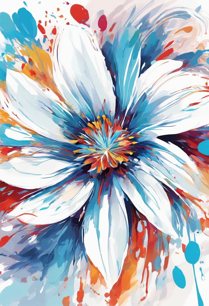 Draw an abstract painting of a single flower.,white clematis flowers、use acrylic paint、Abstract artist known for his unique use of acrylic pouring, real brush strokes，aesthetic composition，Minimal style, Dynamic and popping strokes、Shape that suggests discovery、White clematis symbolizes purity and mystery.、Expressing unexpected developments and feelings of surprise、The main color of the work is bright sky blue、Bright and colorful tones、Add moist compacted sand、Enhances the texture and tactile elements of your artwork, While staring at this image, you、Interaction of color and texture、Immerse yourself in the feeling of wonder、guided by surprise、Flowers radiate bursting energy、Feels like opening a surprise box、like a cracker、((Ink Splatter:1.3))