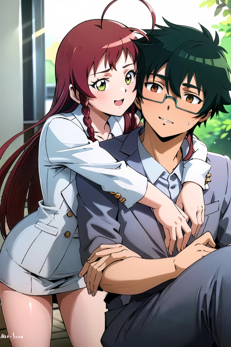 ((best quality)), ((masterpiece)), (detailed), perfect face, 1girl, 1boy, (glasses,,suit,) yusa emi, maou sadao, couple, hug, looking at another, happy,    highres, absurdres,