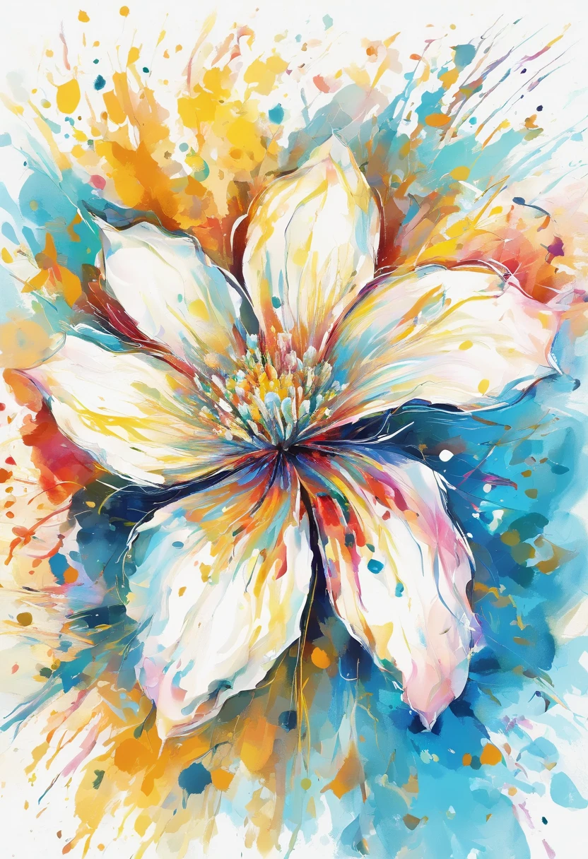 Draw an abstract painting of a single flower.,white clematis flowers、use acrylic paint、Abstract artist known for his unique use of acrylic pouring, real brush strokes，aesthetic composition，Minimal style, Dynamic and popping strokes、Shape that suggests discovery、White clematis symbolizes purity and mystery.、Expressing unexpected developments and feelings of surprise、The main color of the work is bright sky blue、Bright and colorful tones、Add moist compacted sand、Enhances the texture and tactile elements of your artwork, While staring at this image, you、Interaction of color and texture、Immerse yourself in the feeling of wonder、guided by surprise、Flowers radiate bursting energy、Feels like opening a surprise box、like a cracker、((Ink Splatter:1.3))