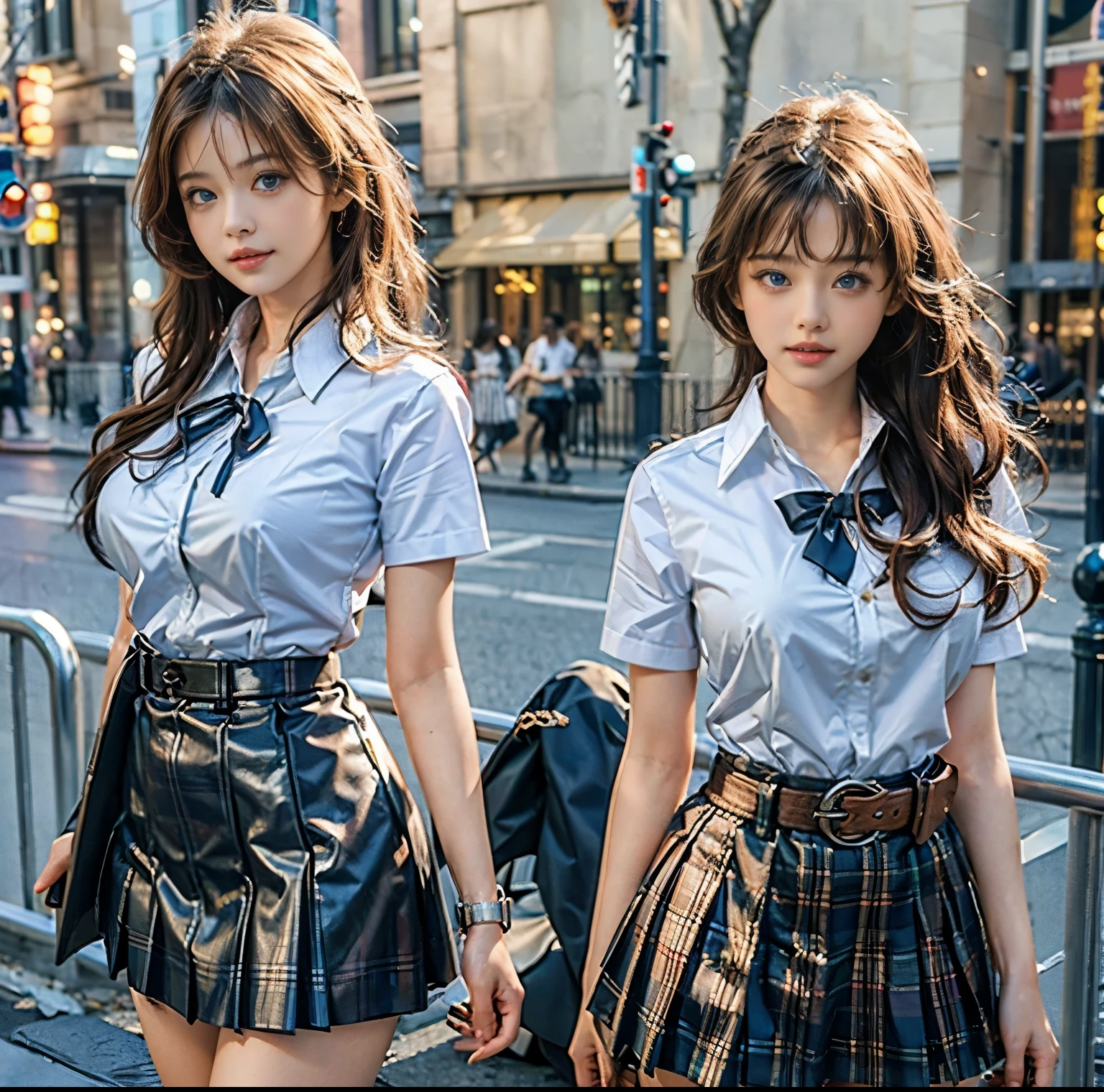 Highest image quality、8K quality、masterpiece、professional writing、(Two big breasted women are standing:1.5)、(Super big breasts compressed with clothes:1.2)、Whitening skin、Shining blue eyes、(A tight pure white shirt that completely covers her huge breasts:1.2)、Crimson Ribbon Tie、Amazingly short super mini pleated tartan check skirt、(The upper body is hidden by the shirt and no skin is visible.:1.2)、(slim waist:1.2)、above the knee、Skirtliftv1、(Beautiful butt:1.4)、(Super big breasts straight ahead composition:1.3)