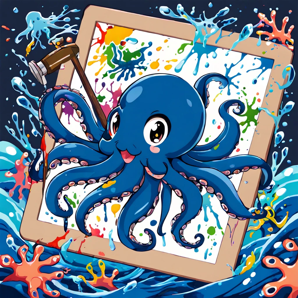 Illustrated style and whimsical atmosphere，an underwater world，((A cute octopus draws on the drawing board:1.5))。((Intense splatter effect of oil paints and colored inks:1.6))，(More splatter effects on the canvas and the octopus itself)。The octopus should look happy doing its art，Surrounded by a vibrant aquatic environment filled with coral and marine life。(vector illustration:1.2)