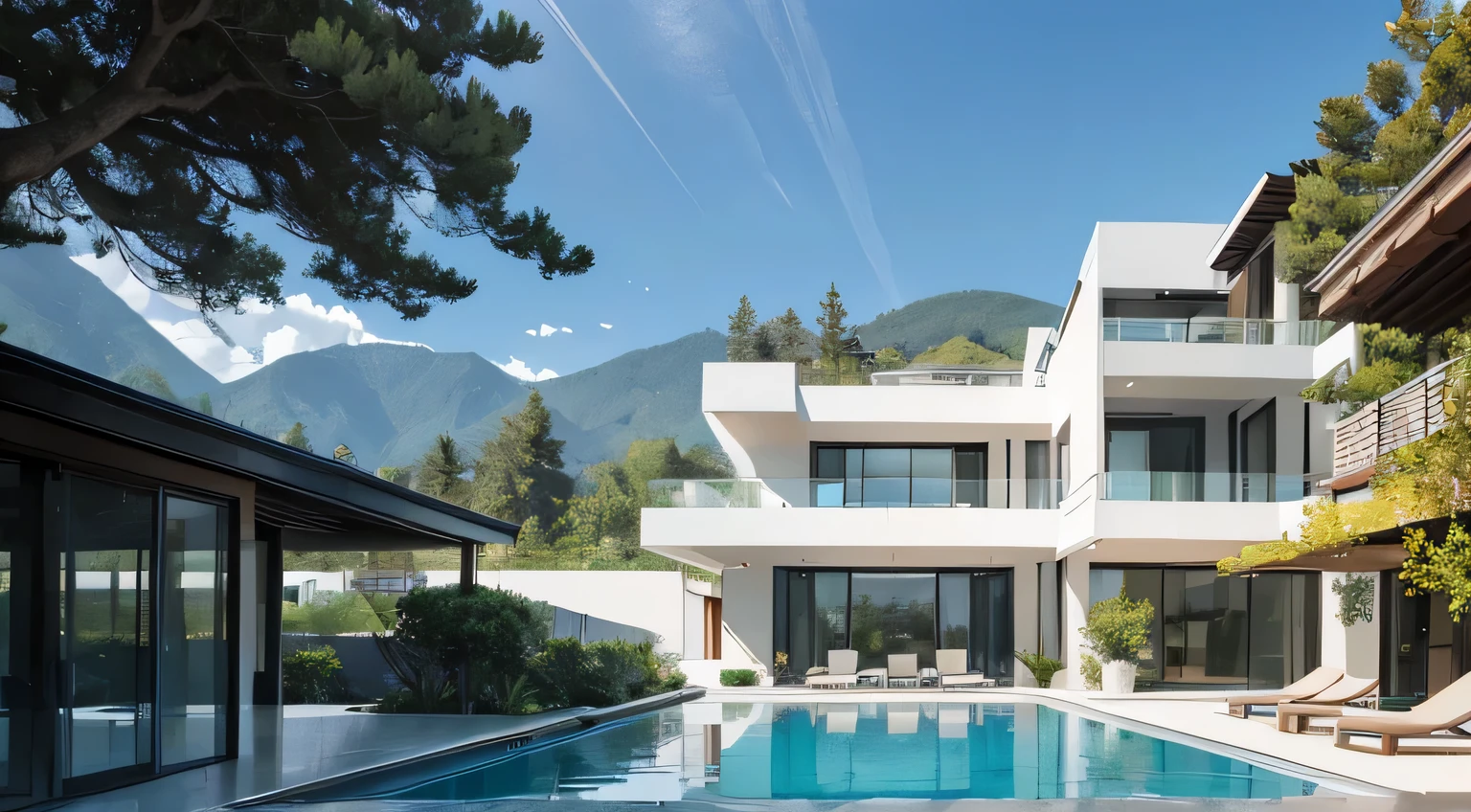 Ultra-high definition perspective image of a modern mansion complex, featuring numerous interconnected 3-storey minimalist villas, artfully arranged along a sloping mountain terrain. The architectural design exudes sleek sophistication, with clean lines, monochromatic color palette, and expansive glass panels that seamlessly blend indoor and outdoor spaces.

At the heart of this idyllic residential community lies a crystal-clear swimming pool, nestled in the protective embrace of a lush and verdant pine forest. The pool's tranquil waters mirror the sky above, adding to the overall serenity of the scene. To the side, a majestic waterfall cascades down the mountains