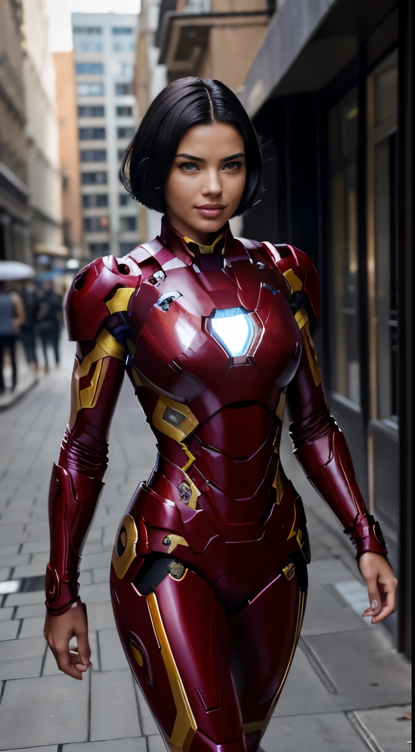 Foto hiperrealista en primer plano de Adriana Lima Wearing a high-quality Iron man suit, on the city street, masterpiece, best quality, (photorealistic:1.4), full body, cinematic light, beautiful woman, skinny, medium breasts, black short hair (bob short hair:1.2), detailed face, smile, facing the camera, photo taken from a distance, age of 16 years old