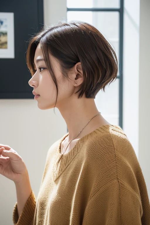 (layered haircut:1.2))、short wavy hair、8K、(Live shooting)、(high quality)、(フォトreality的な:1.4)reality to the touch reality、(4KHigh resolution:1.2)、(High resolution, pieces fly, 最high qualityの, high detail, formal: 1.4), (reality: 1.2, ハイパーreality的な: 1.1, フォトreality的なです: 1.37), written boundary depth, (Detailed explanation of hair), (Detailed description of the face), unparalleled beauty,, (28 years old,: 1.4)、I'I'm feeling a little depressed.、white wall、(Taken in front of the white door)、((窓のあるwhite wallの部屋))、indoor、Natural light、short hair、bob hairhair、reality的な、High resolution、high quality、profile、various poses、I look away from the camera、profile、bob hair、random pose、(Autumn outfit)、Winter clothes、 Wearing a necklace
