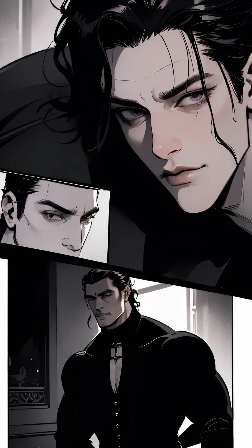 high detail, masterpiece, dramatic lighting(absurdres, highres, ultra detailed), extremely detailed CG unity 8k. mature face, adult man, man, mature man, muscular, tall, long dark black hair, sharp jawline, sharp eyes, muscular build, long earrings, mature man, piercings, formal black clothing,