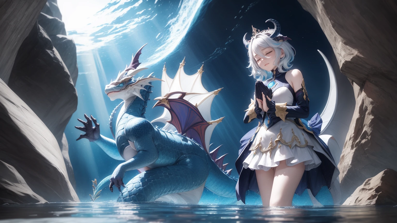 masterpiece, ultra high quality cg, best quality, 8k, perfect image, ultra-detailliert, white hair, furina, under water, water dragon standing behind her, water dragon resembling neuvillette, praying hands, looking at her hands, eyes closed, focused on face, behind blurred