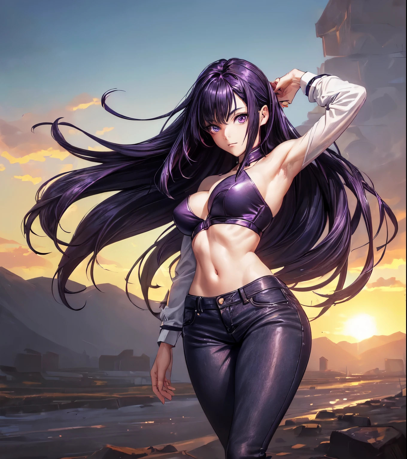 (masterpiece),(best quality), hair over right eye, looking at the viewer, thin body, dynamic poses, (medium breasts: 1.3), young girl, 8k,(bright sunny day:1.5), (seductive body details:1.3), long dark purple hair, purple eyes, seductive light smile, shy, skinny legs, (slender legs), big eyes, (((wind))), (high breasts), sharp breasts, (realistic style), full height, (burn scar on the right side of the face:1.5), (burn scar on the right side of the body:1.5), (clear left side of the body:1.2), hair over right eye, ((megane)), ((disheveled hair)), (slim waist), ((narrow hips)), (slender legs), medium breast, curvy, thight denim sexy suit, short thight jacket, naked jacket, thight pants 